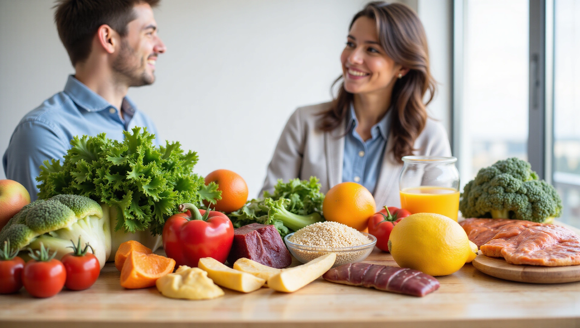 Mesa con alimentos saludables y una persona sonriente, simbolizando el apoyo nutricional para la salud