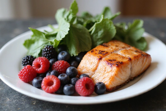 Plato colorido con bayas, espinacas y pescado, representando una dieta antiinflamatoria