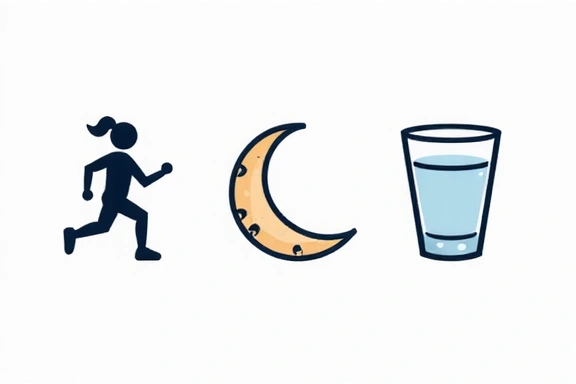 Iconos representando estilo de vida saludable: ejercicio, sueño, hidratación