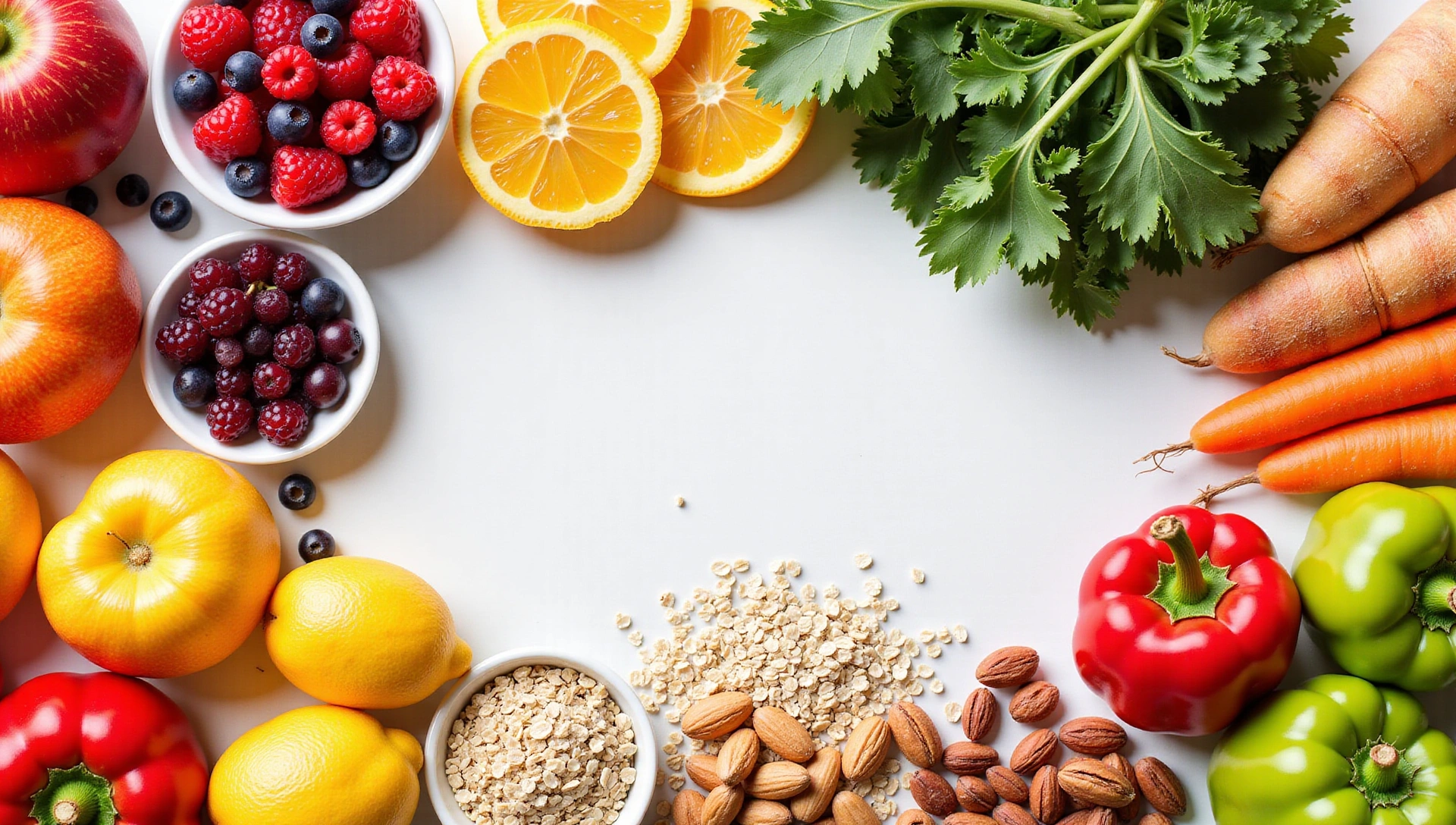 Mesa llena de alimentos frescos y saludables como frutas, verduras, y granos.