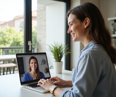 Mujer sonriendo mientras tiene una videollamada de consulta nutricional online.
