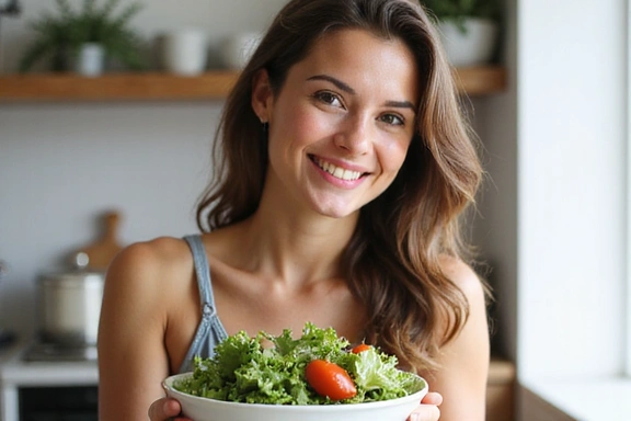 Mujer sonriendo mientras come una ensalada, simbolizando la pérdida de peso saludable.